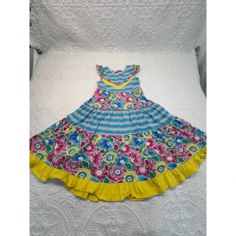Jelly the Pug Girls Tiered Floral Stripe Maxi Dress Size 6 Ruffle Hem Sleeveless